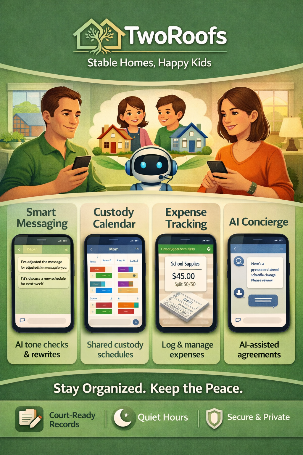 TwoRoofs app preview showing messaging, custody calendar, expense tracking, and AI concierge